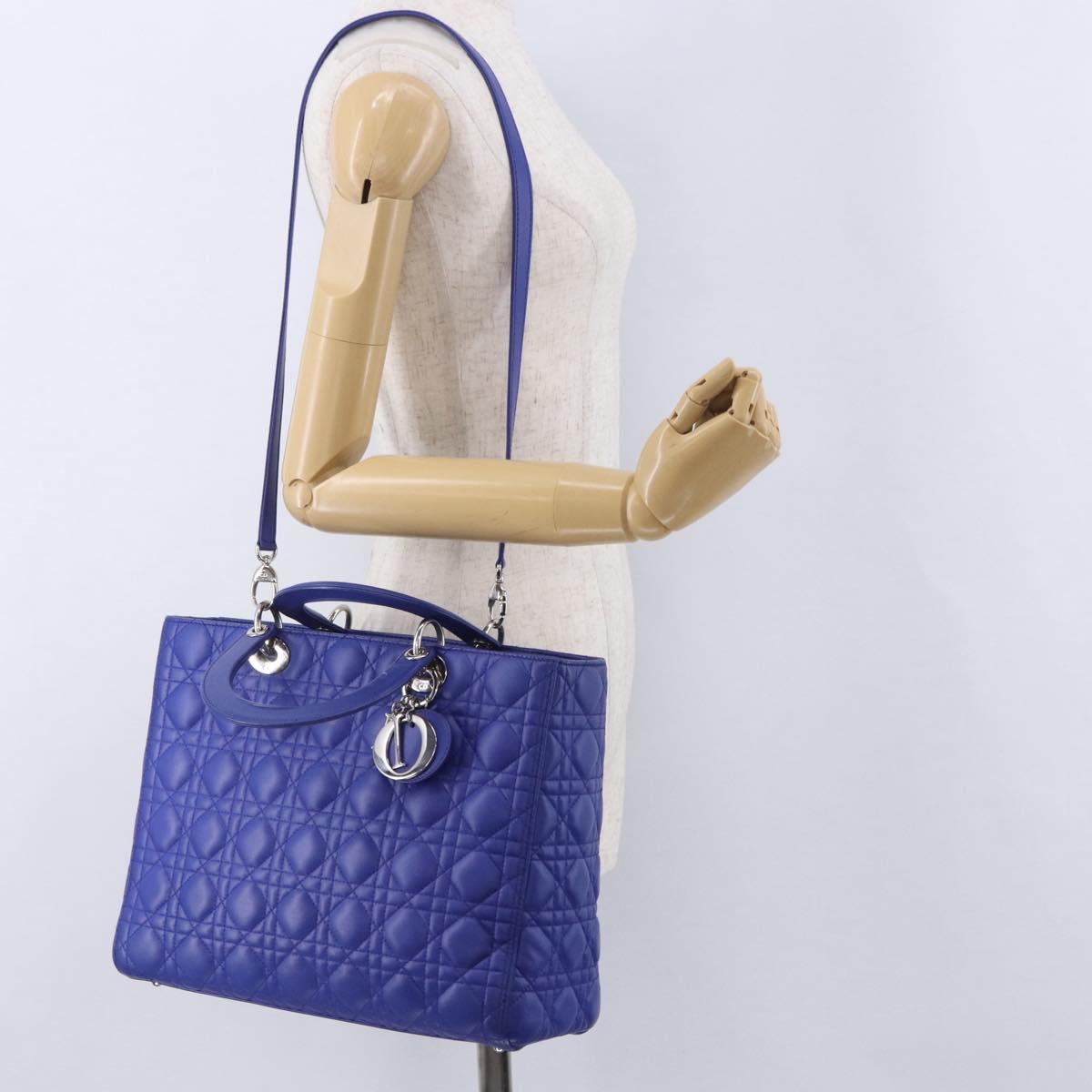 Christian Dior Canage Lady Dior Hand Bag Lamb Skin 2way Blue Silver Auth 200084M