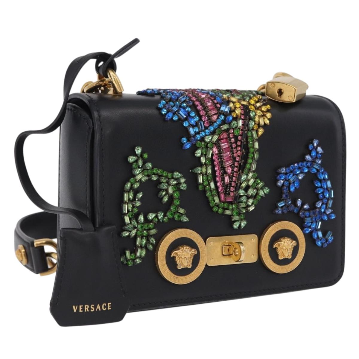 VERSACE Medusa Chain Shoulder Bag Leather Black Gold Auth 200090M