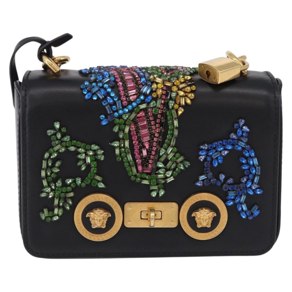 VERSACE Medusa Chain Shoulder Bag Leather Black Gold Auth 200090M