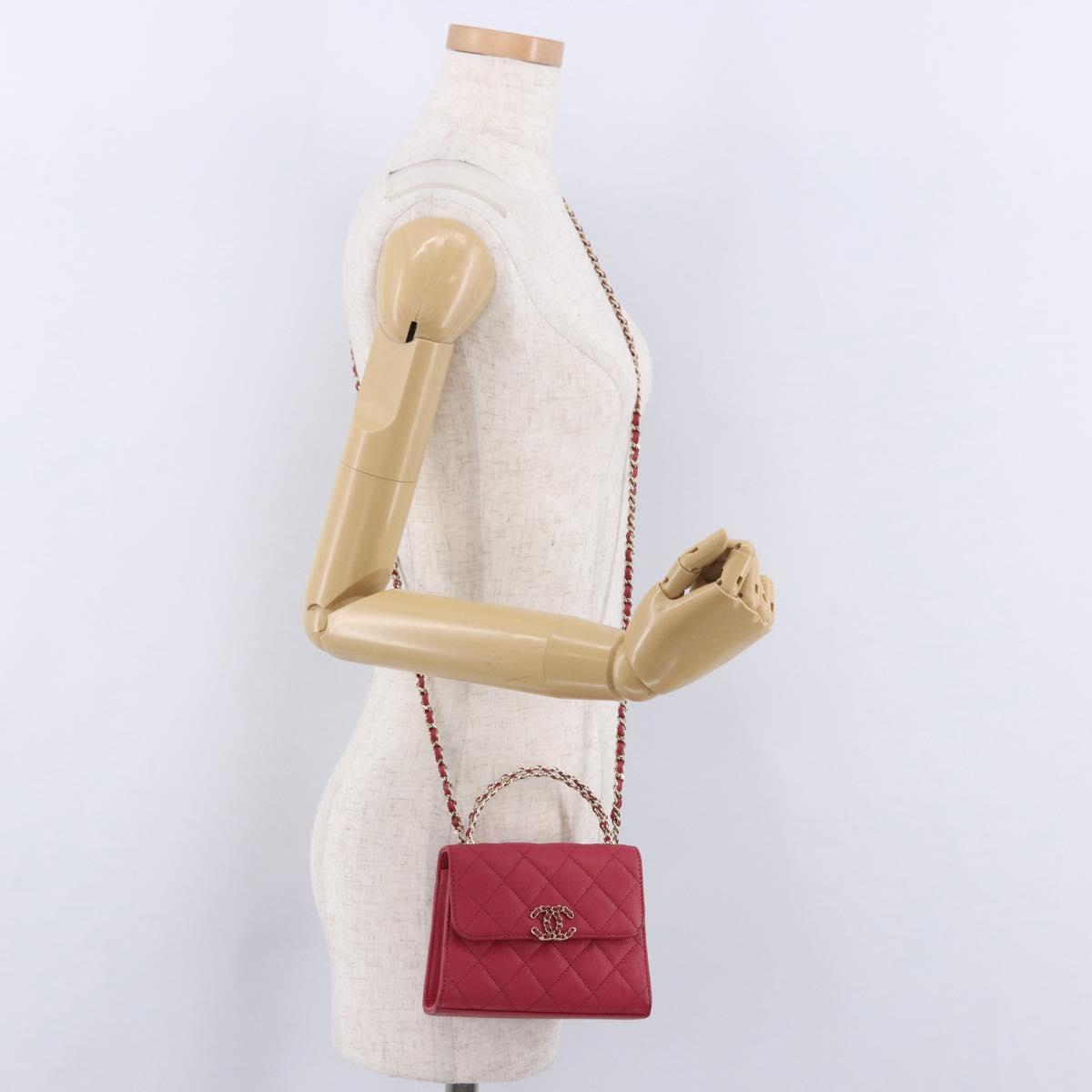 CHANEL Matelasse Top Handle Chain Caviar Skin 2way Red Gold CC Auth 200091SAM