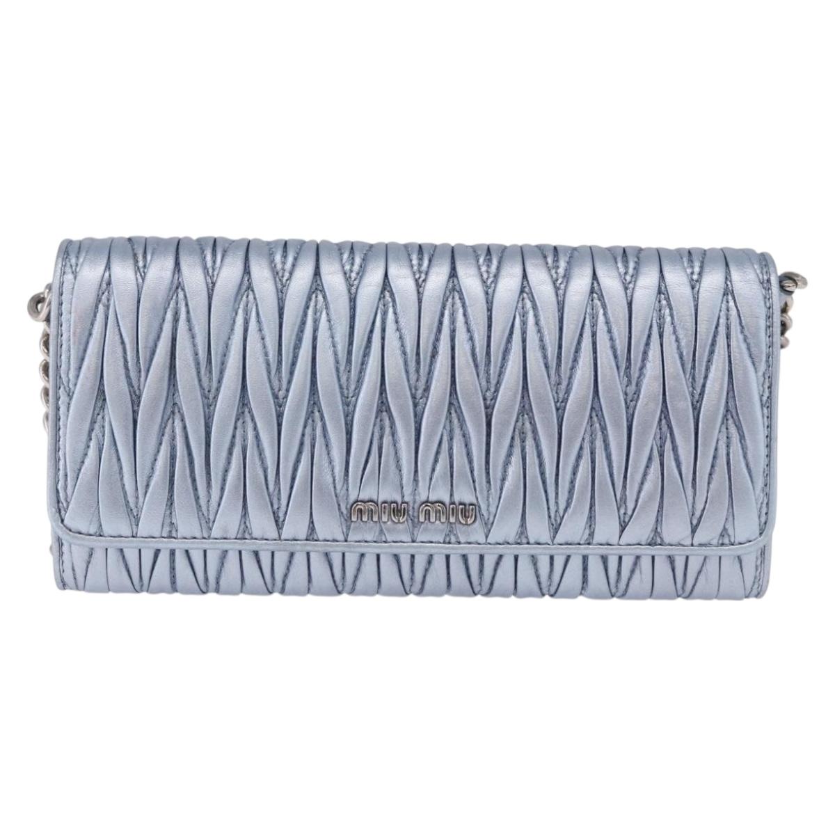 Miu Miu Matelasse Wallet Shoulder Bag Leather Light Blue Silver Auth 200112M