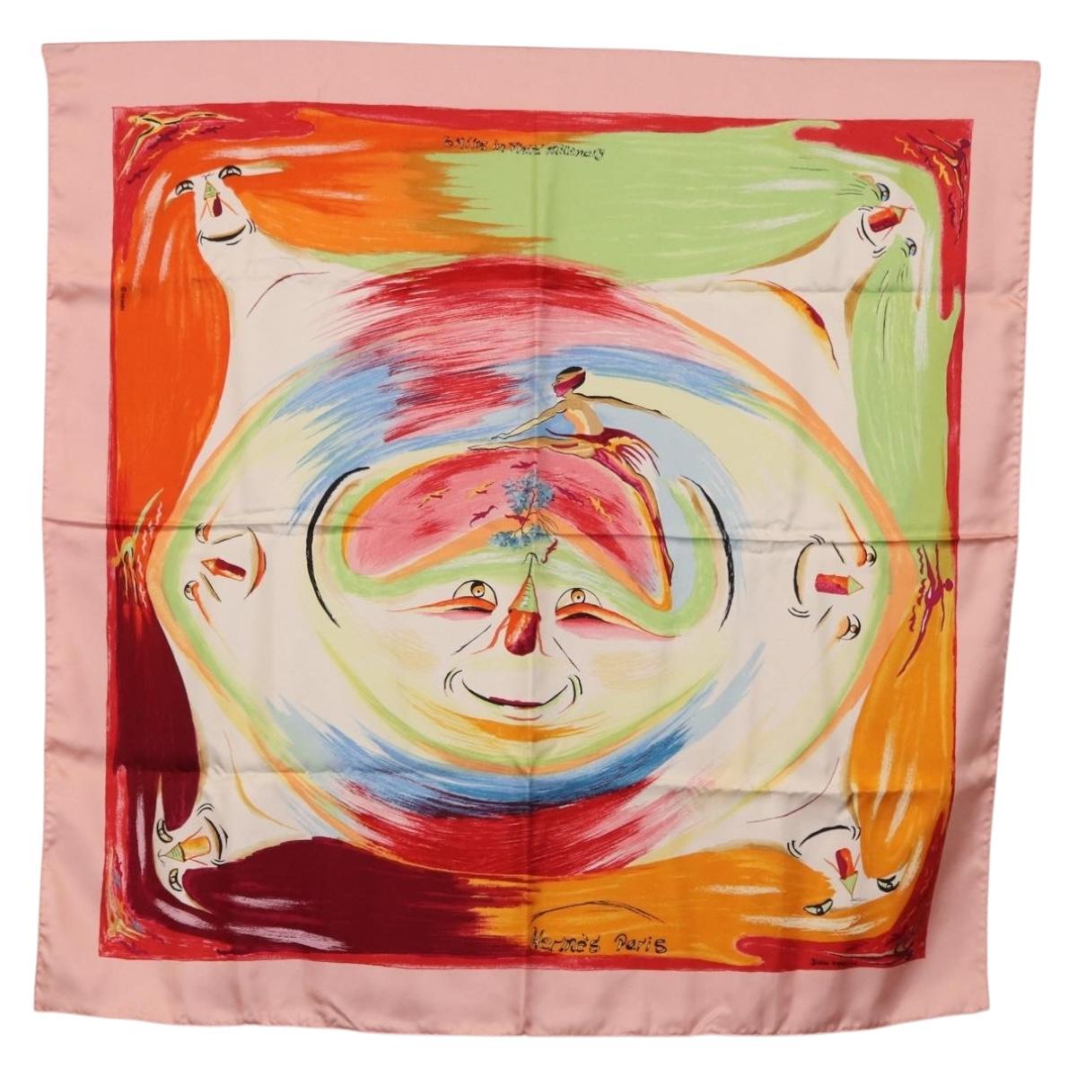 HERMES Carre 90 Scarf Silk ""Smiles in Third millenary"" Pink Auth 200117M