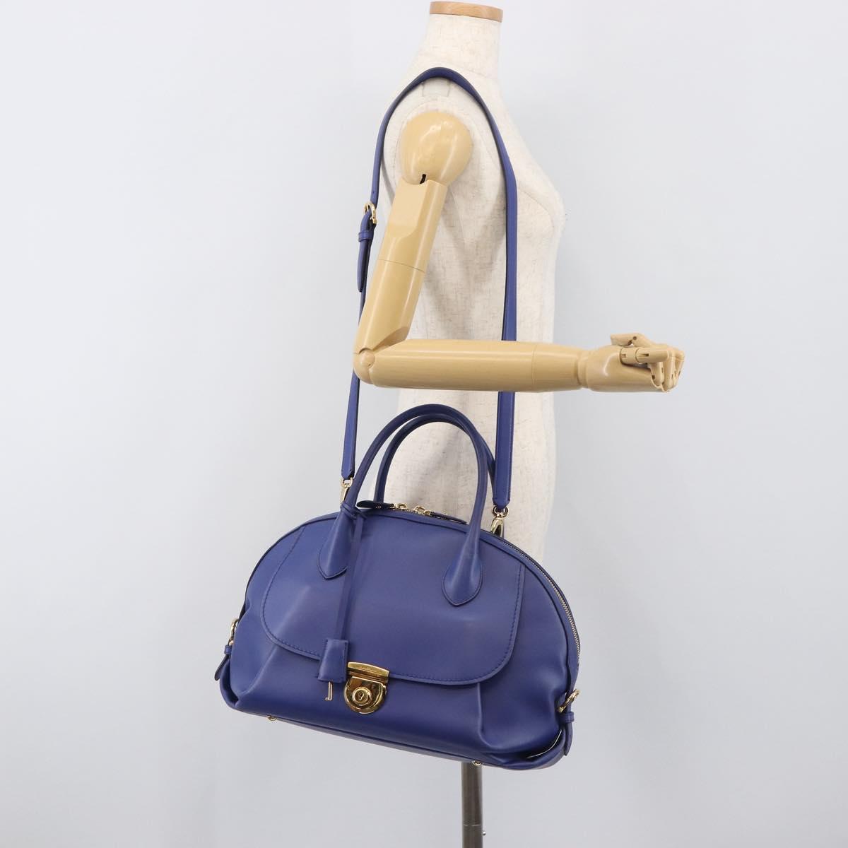 Salvatore Ferragamo Hand Bag Leather 2way Blue Gold Tone Auth 200138A