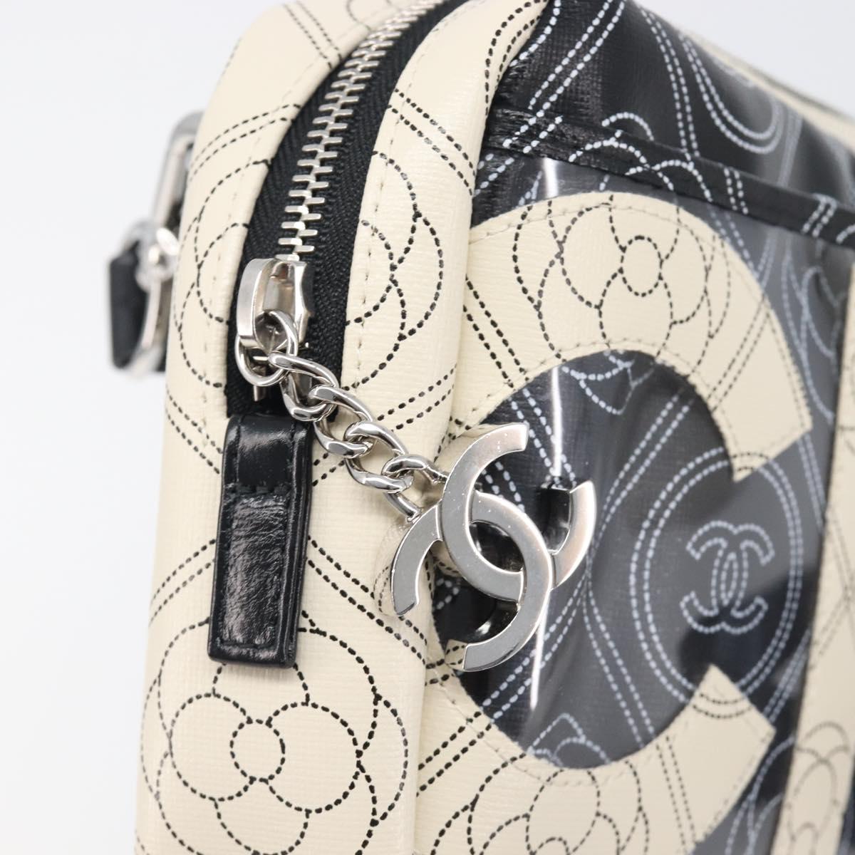 CHANEL COCO Mark Camelia Shoulder Bag PVC Leather Black White CC Auth 200139SAM