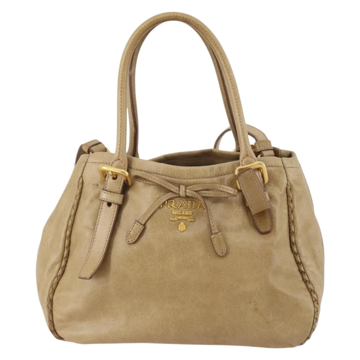 PRADA Hand Bag Leather 2way Beige Gold Tone Auth 200160