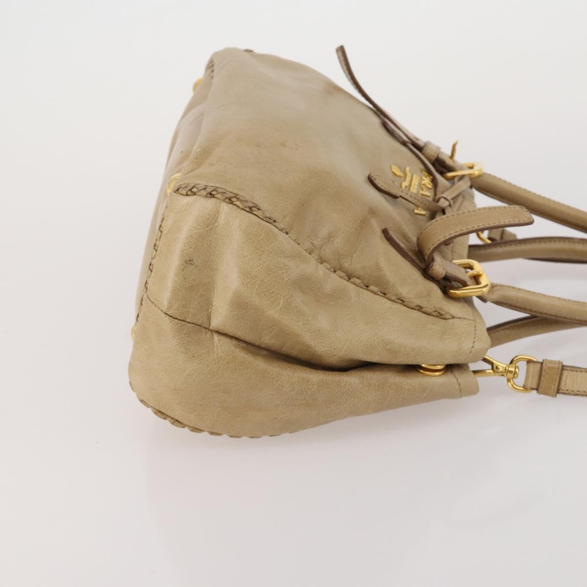 PRADA Hand Bag Leather 2way Beige Gold Tone Auth 200160