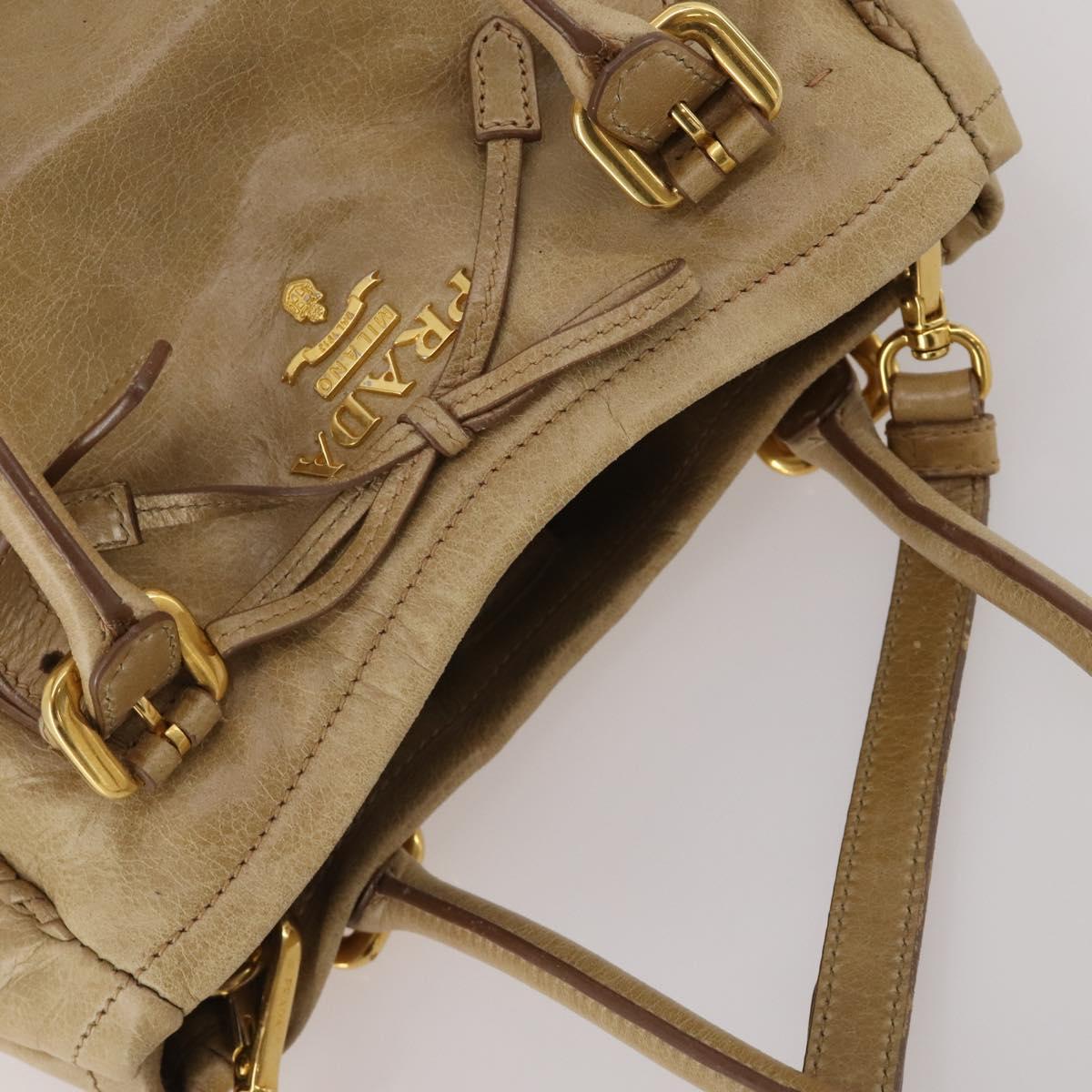 PRADA Hand Bag Leather 2way Beige Gold Tone Auth 200160