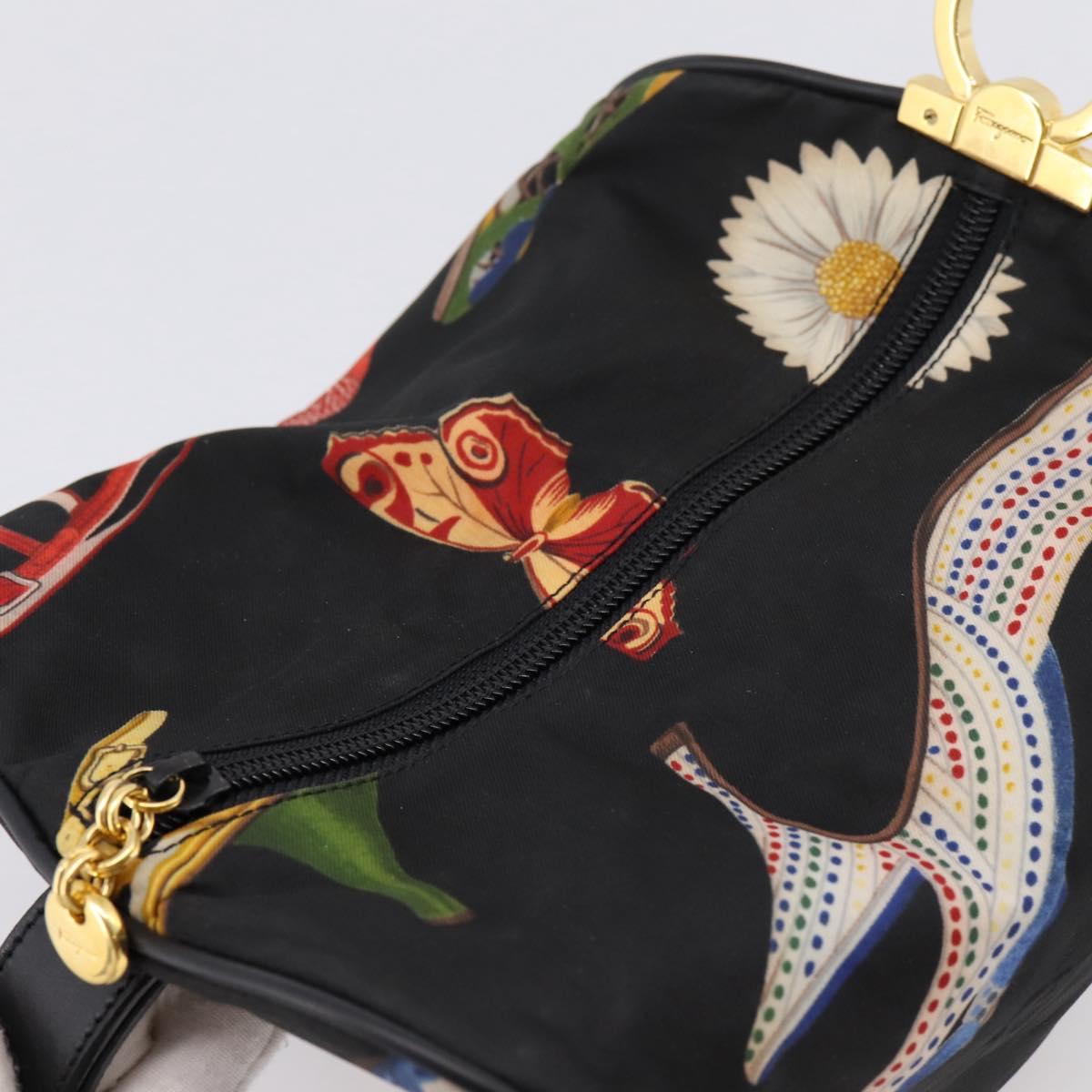 Salvatore Ferragamo Gancini Pouch Nylon Black Gold Tone Auth 200166
