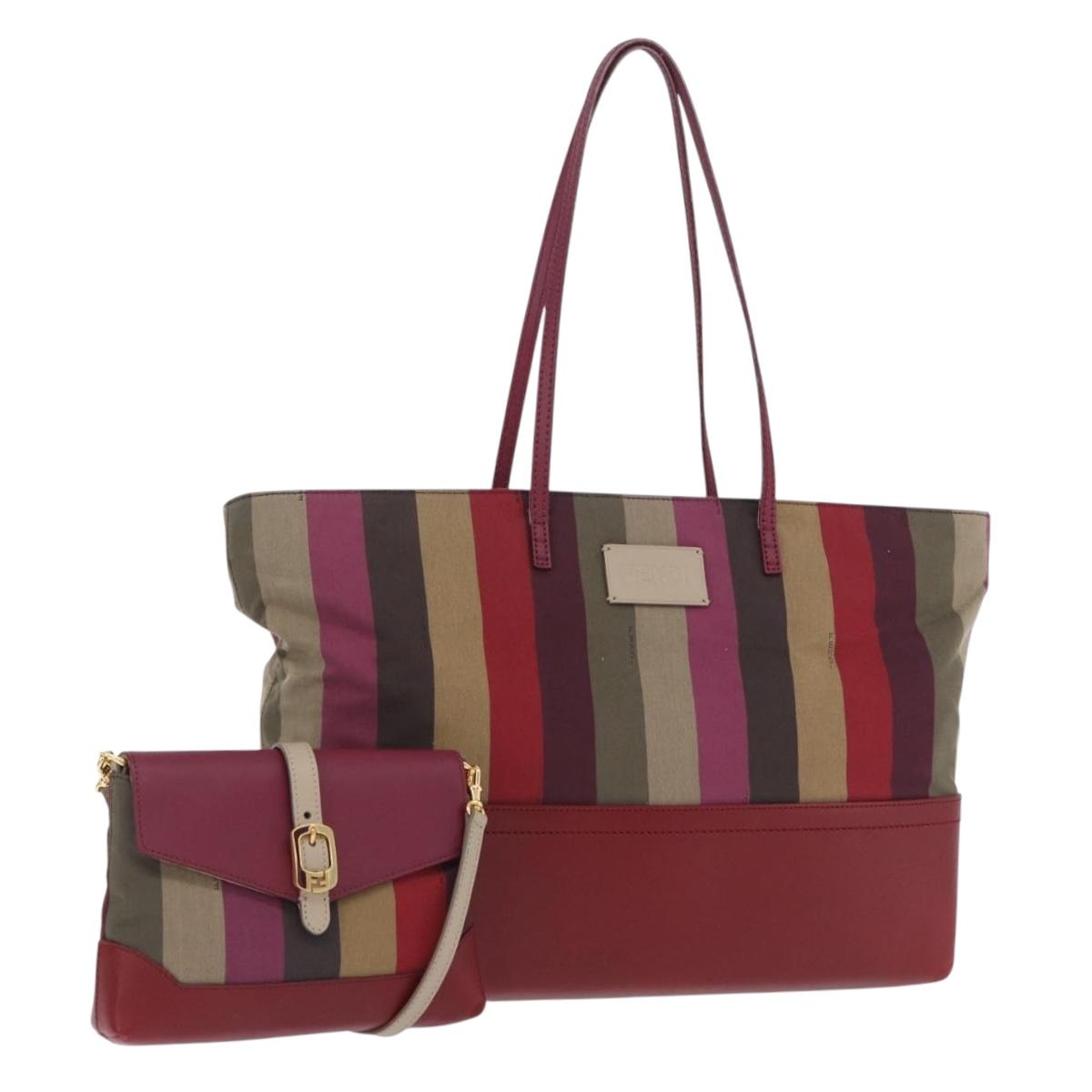 FENDI Stripe Tote Bag Nylon Red Gold Tone 8BH185 Auth 200207V