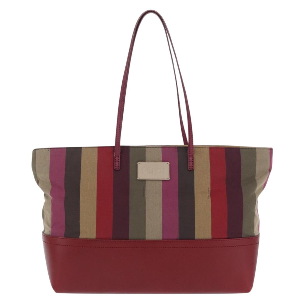 FENDI Stripe Tote Bag Nylon Red Gold Tone 8BH185 Auth 200207V