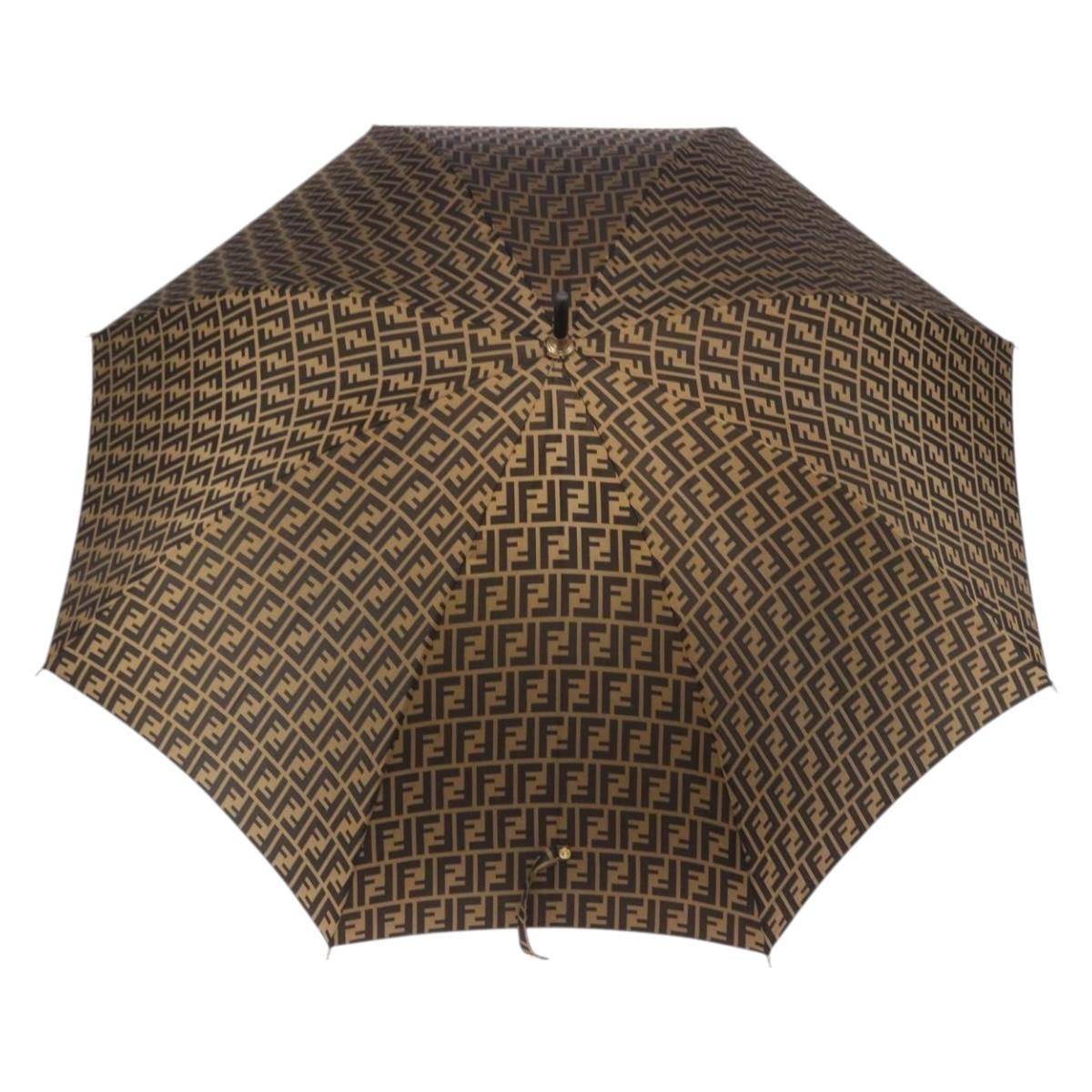 FENDI Zucca Umbrella Nylon Brown Gold Tone Auth 200211A