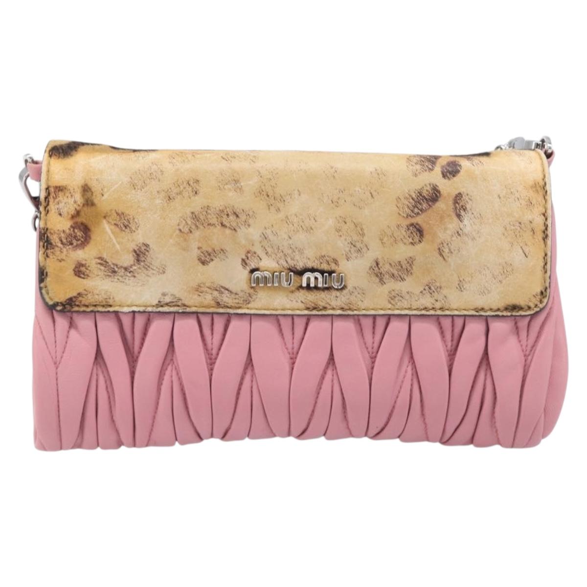 Miu Miu Matelasse Chain Shoulder Bag Harako Leather Pink Silver Auth 200288