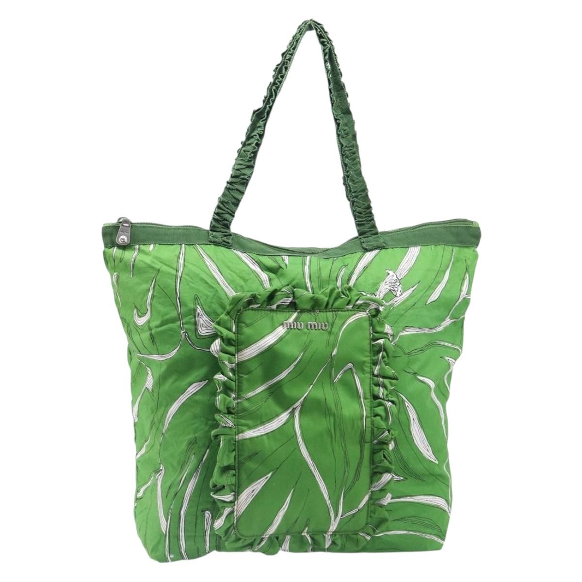 Miu Miu Tote Bag Nylon Green Silver Auth 200289A