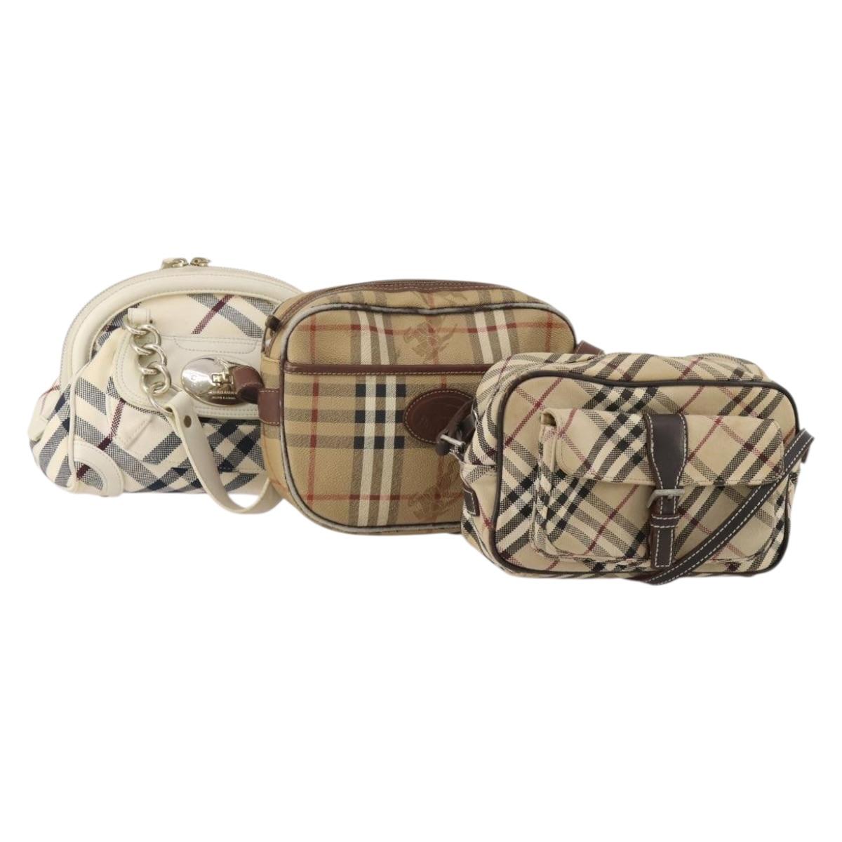 BURBERRY Nova Check Blue Label Hand Bag Canvas PVC 3 Set White Beige Auth 200307