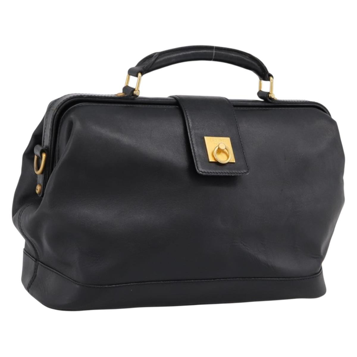 CELINE Hand Bag Leather Black Gold Tone Auth 200334