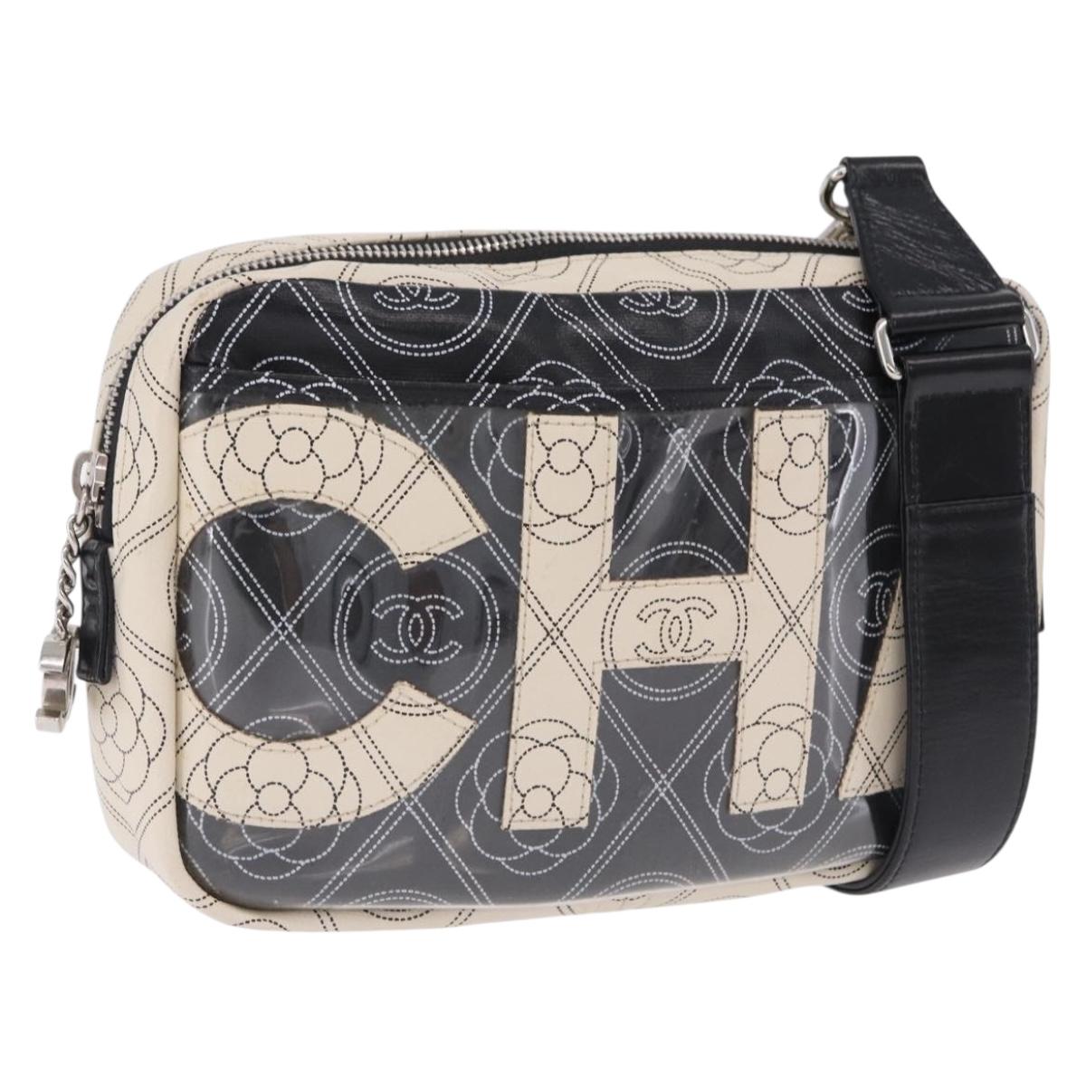 CHANEL Camelia Shoulder Bag Leather White Black CC Auth 200364SAM