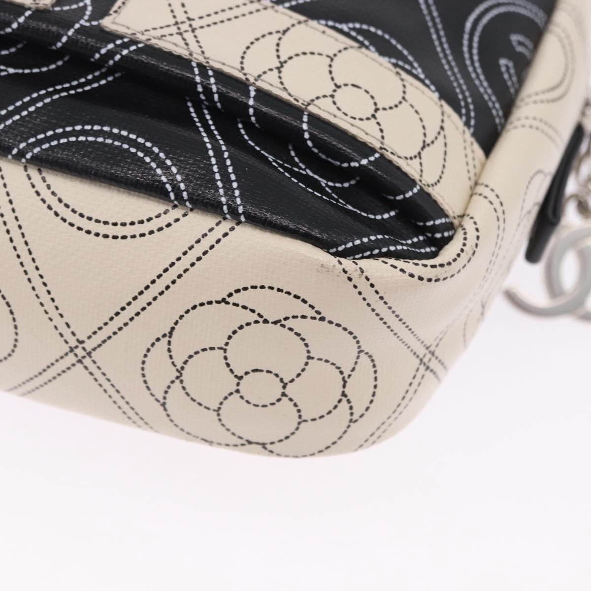 CHANEL Camelia Shoulder Bag Leather White Black CC Auth 200364SAM