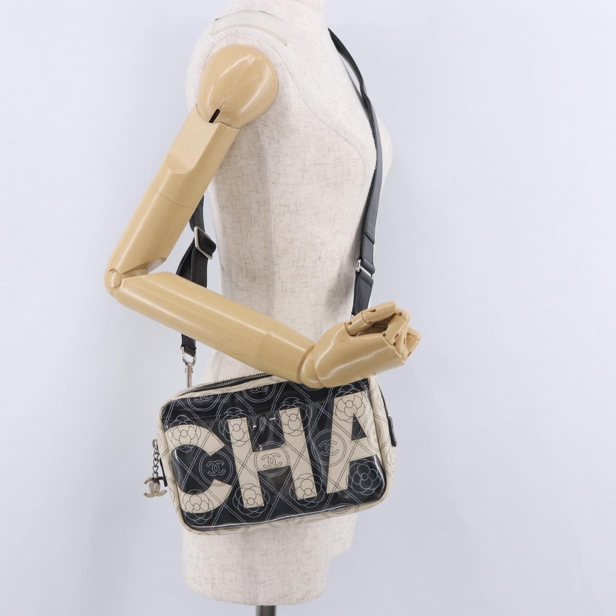 CHANEL Camelia Shoulder Bag Leather White Black CC Auth 200364SAM