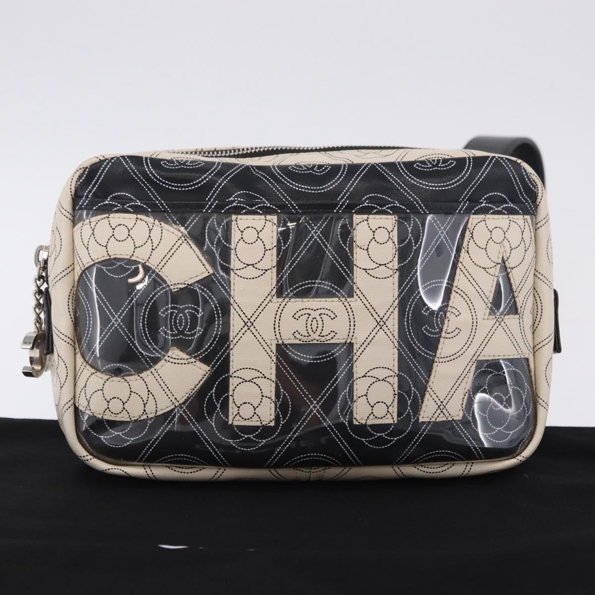 CHANEL Camelia Shoulder Bag Leather White Black CC Auth 200364SAM