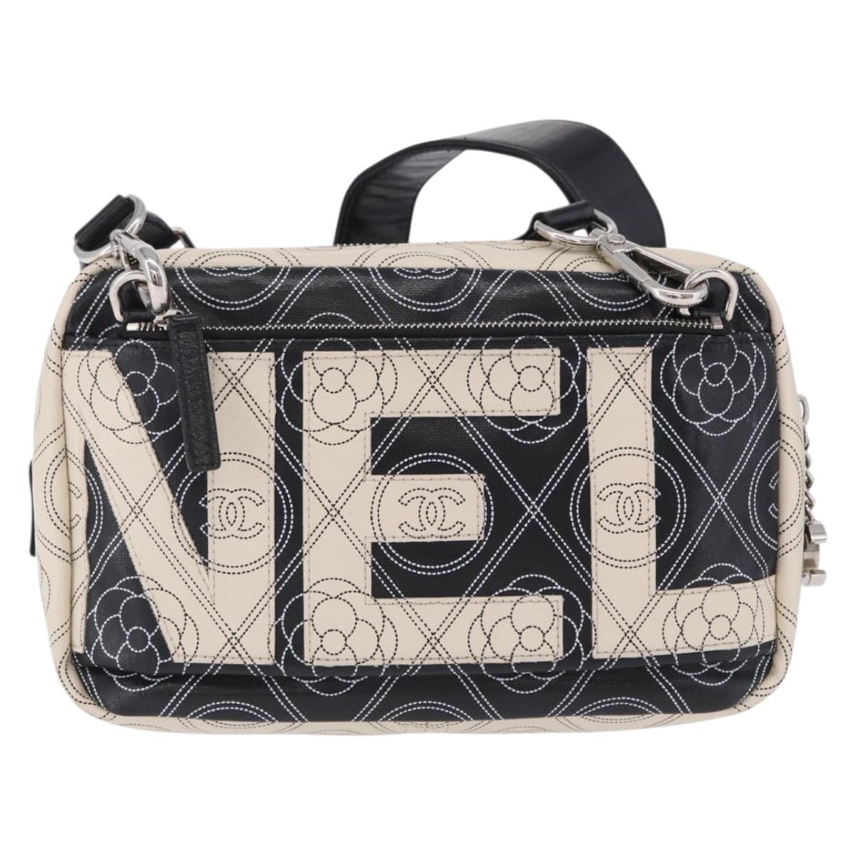 CHANEL Camelia Shoulder Bag Leather White Black CC Auth 200364SAM