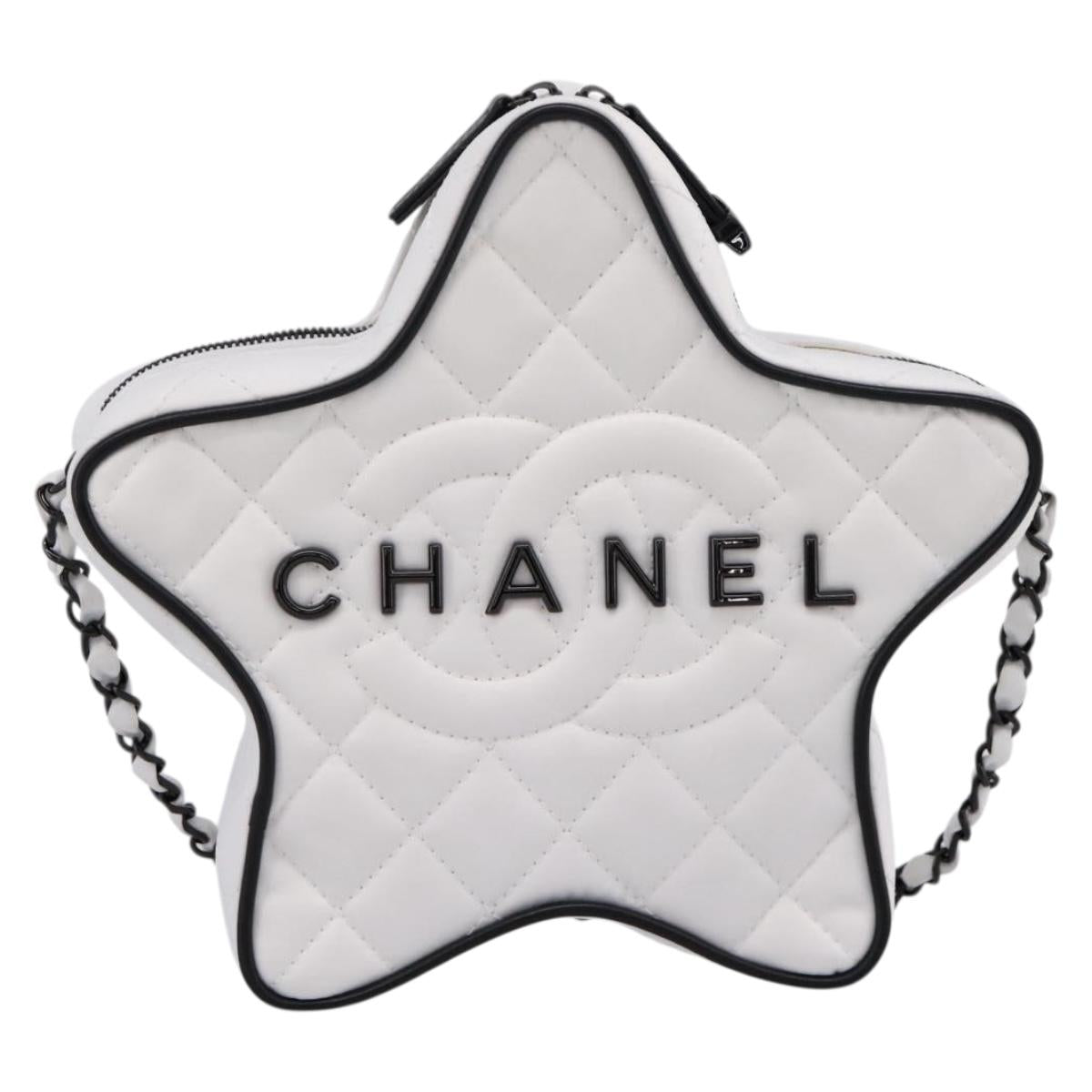 CHANEL Star Shaped Matelasse Chain Shoulder Bag Satin White Black Auth 200368SM