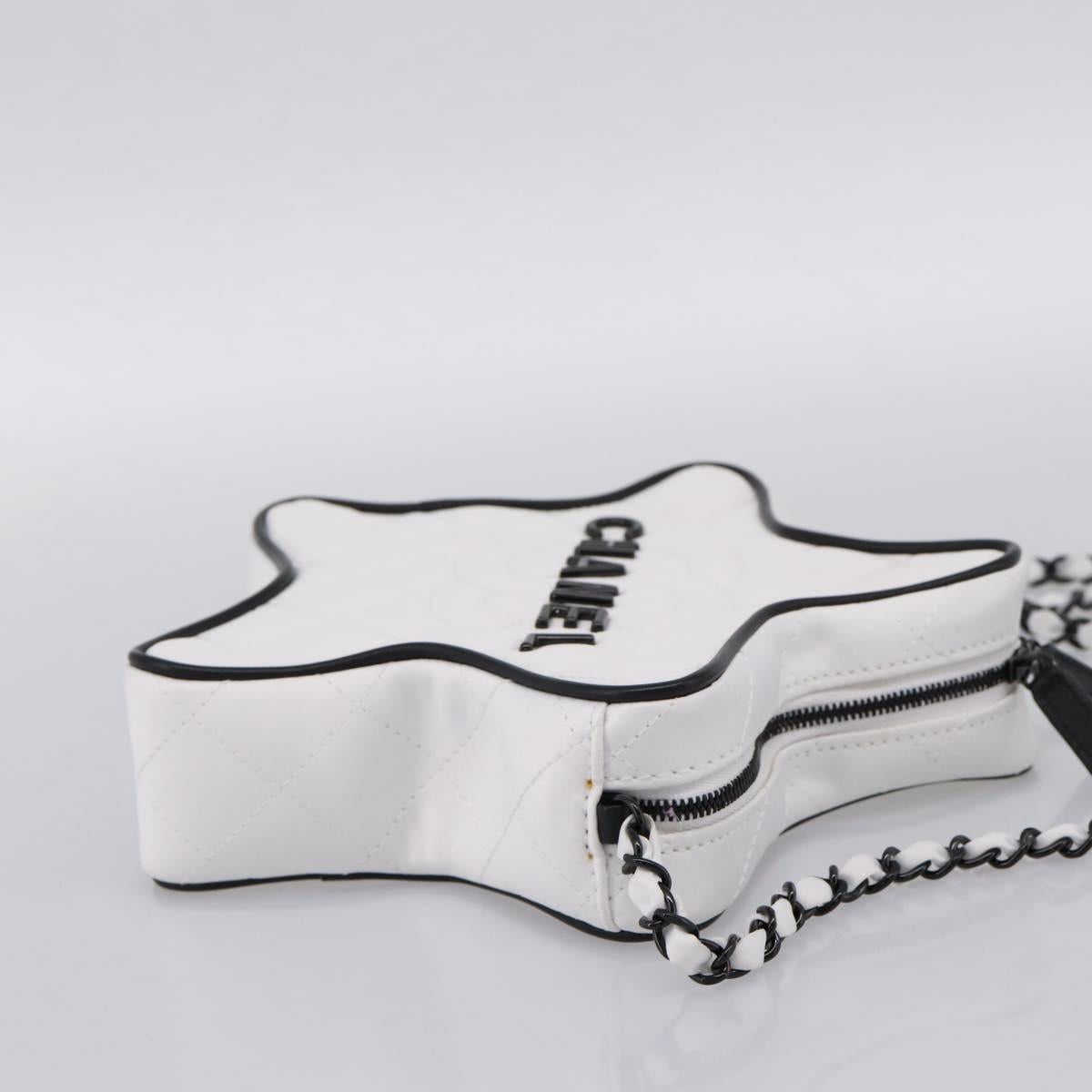 CHANEL Star Shaped Matelasse Chain Shoulder Bag Satin White Black Auth 200368SM