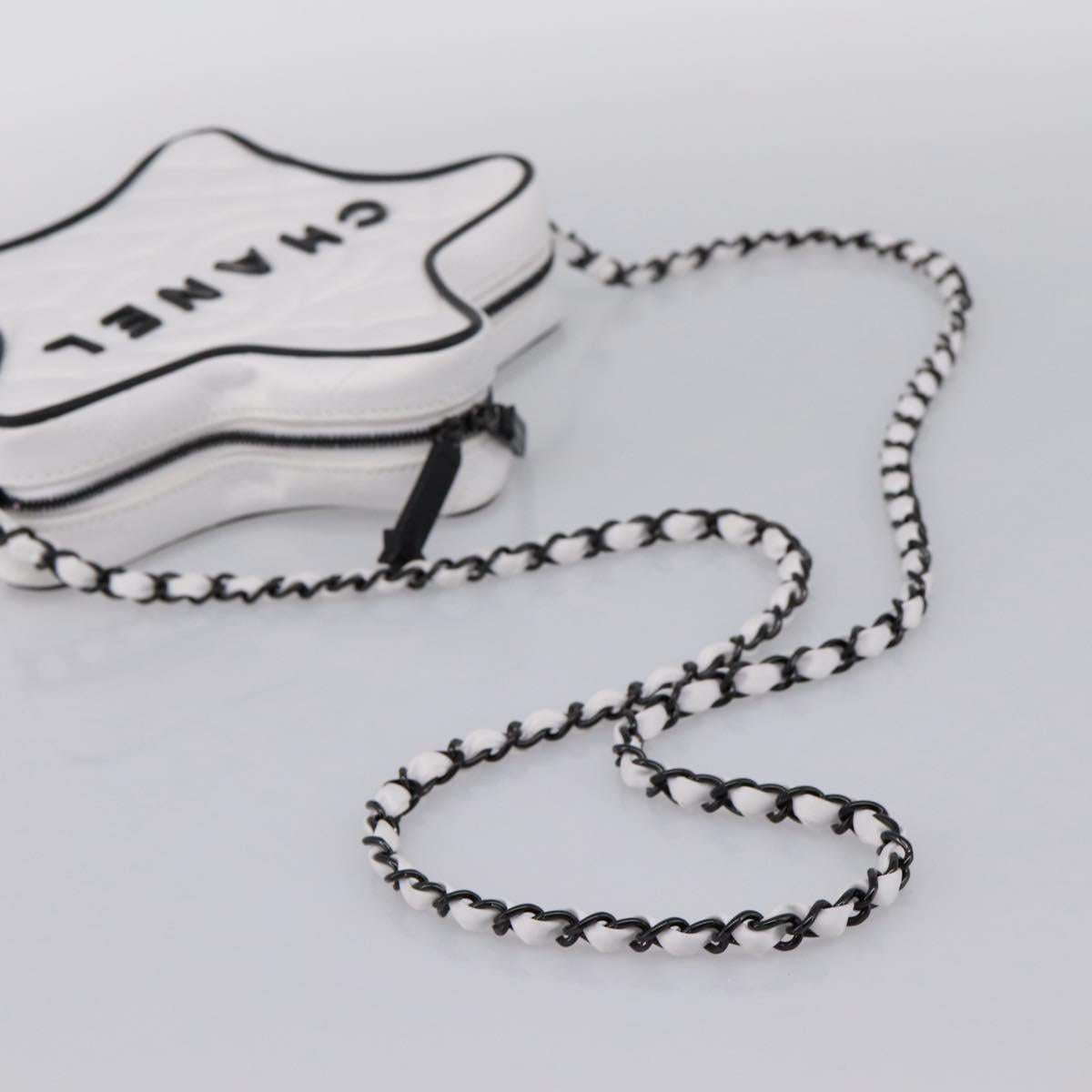 CHANEL Star Shaped Matelasse Chain Shoulder Bag Satin White Black Auth 200368SM