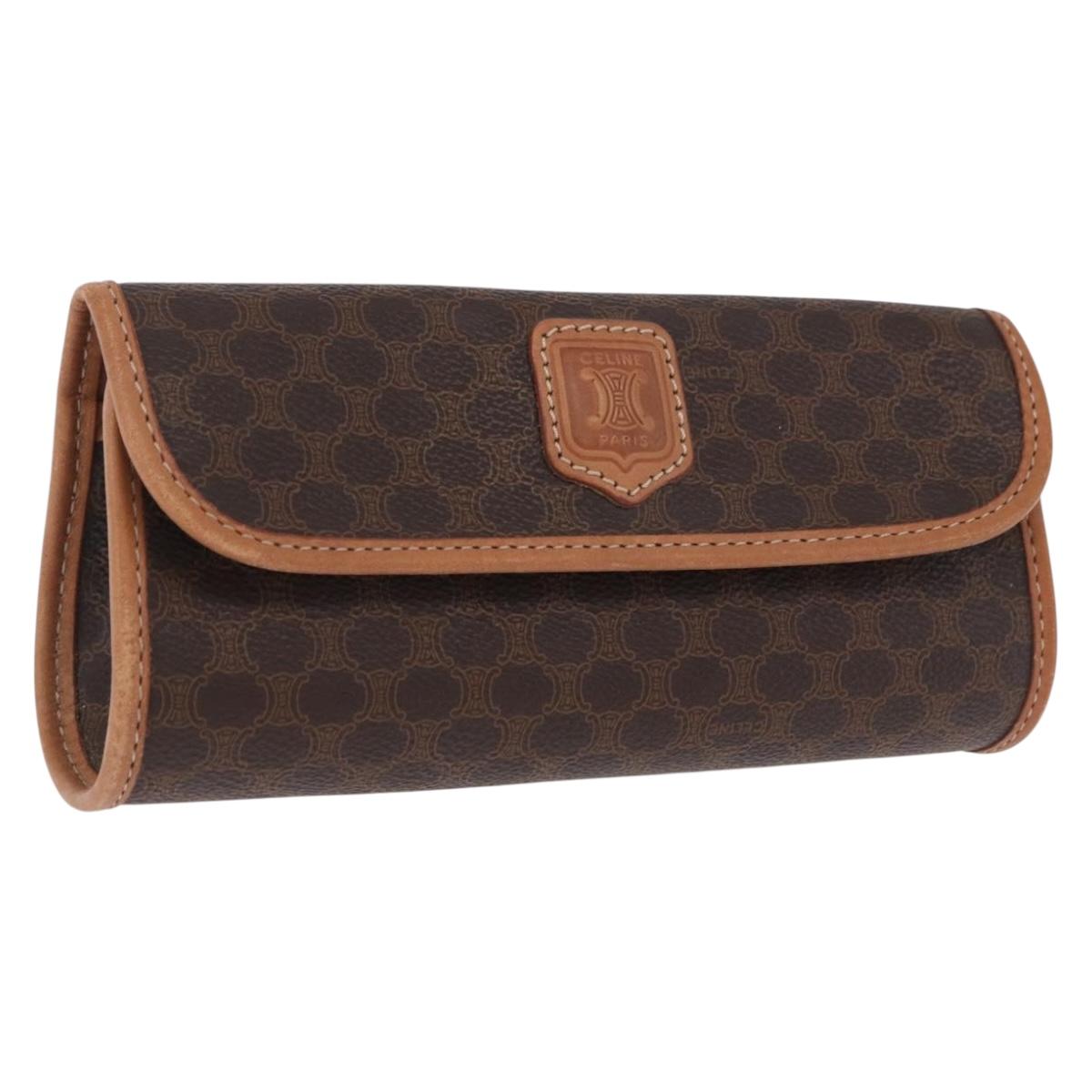 CELINE Macadam Canvas Pouch PVC Leather Brown Gold Auth 200399V