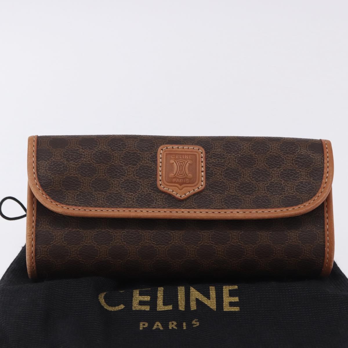 CELINE Macadam Canvas Pouch PVC Leather Brown Gold Auth 200399V