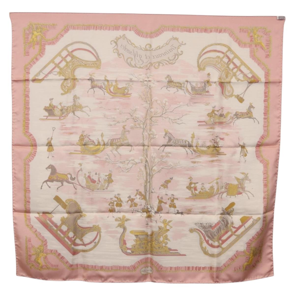 HERMES Carre 90 Scarf Silk ""Traineaux et Glissades"" Pink White Auth 200402M