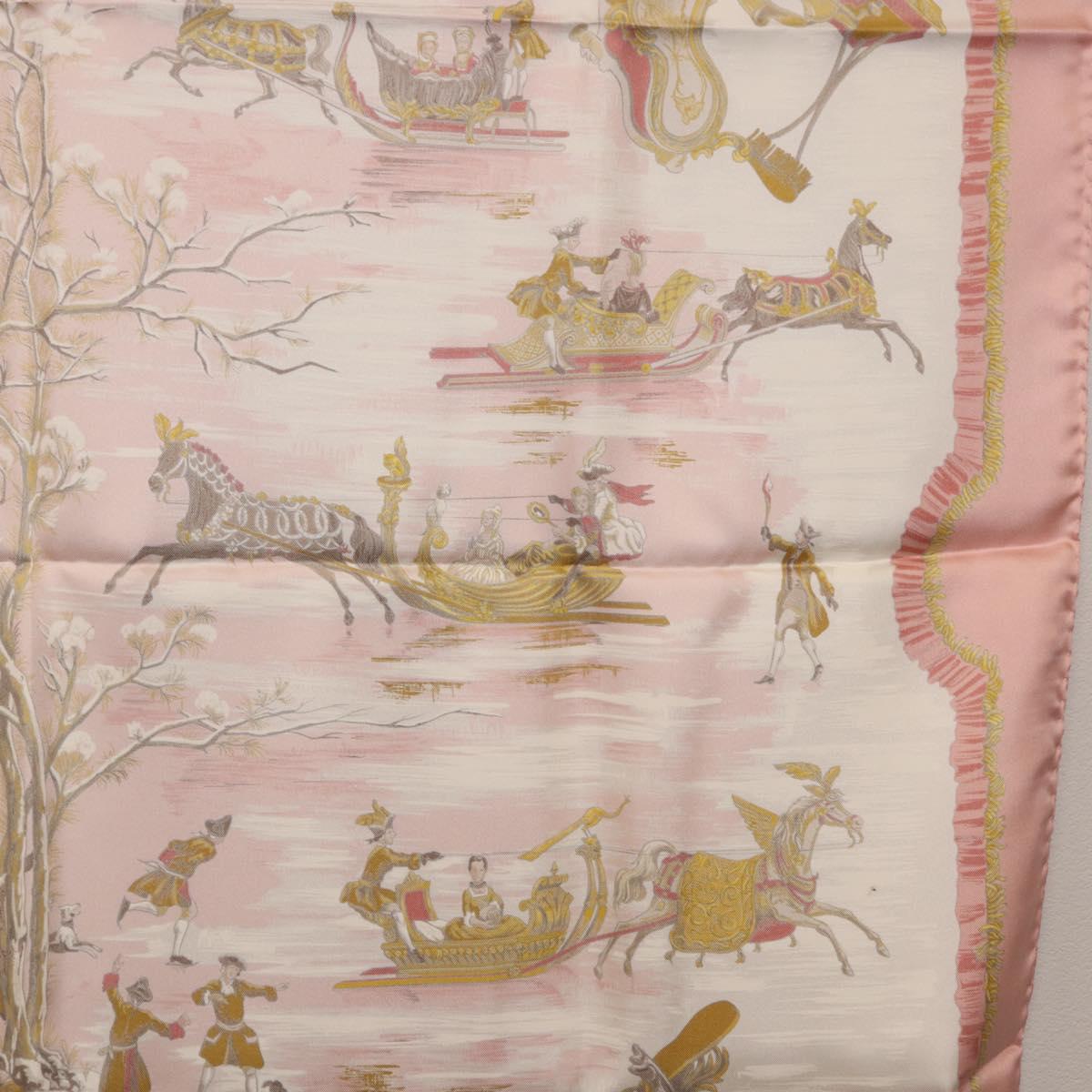 HERMES Carre 90 Scarf Silk ""Traineaux et Glissades"" Pink White Auth 200402M