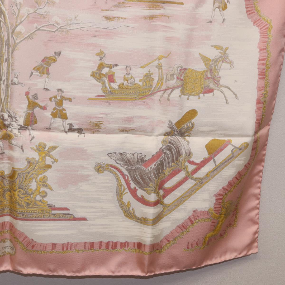 HERMES Carre 90 Scarf Silk ""Traineaux et Glissades"" Pink White Auth 200402M