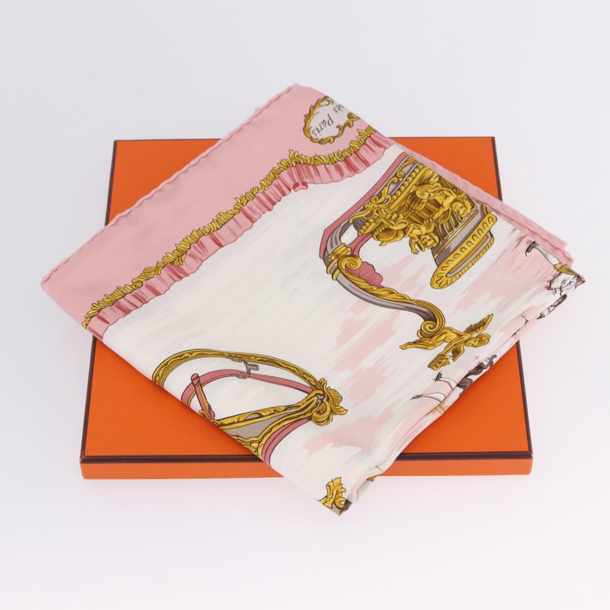 HERMES Carre 90 Scarf Silk ""Traineaux et Glissades"" Pink White Auth 200402M