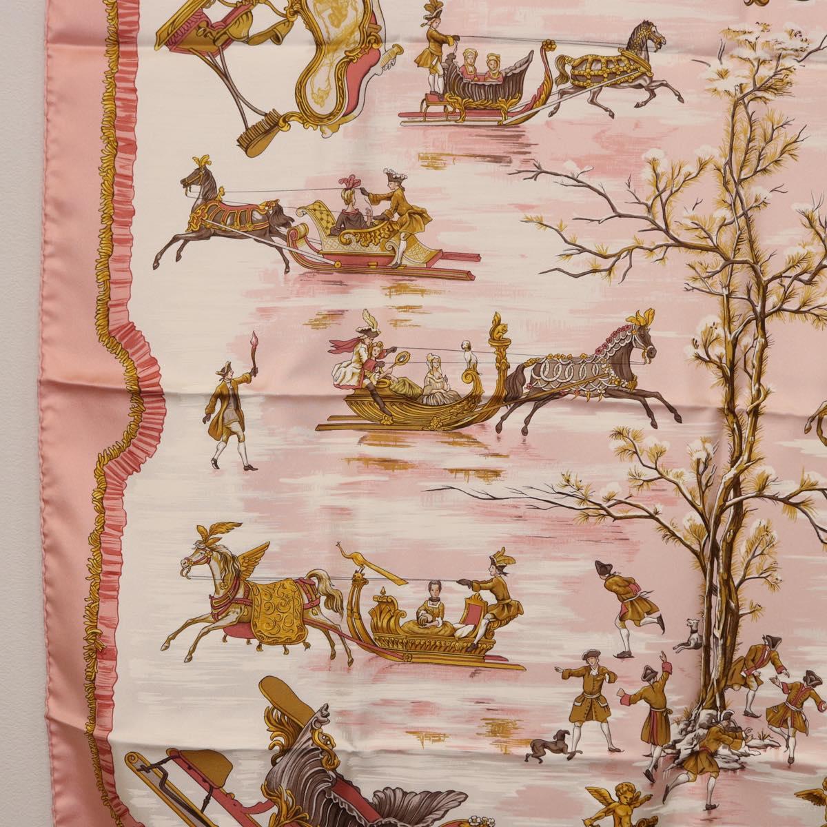 HERMES Carre 90 Scarf Silk ""Traineaux et Glissades"" Pink White Auth 200402M