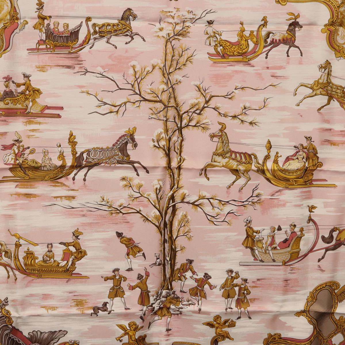 HERMES Carre 90 Scarf Silk ""Traineaux et Glissades"" Pink White Auth 200402M