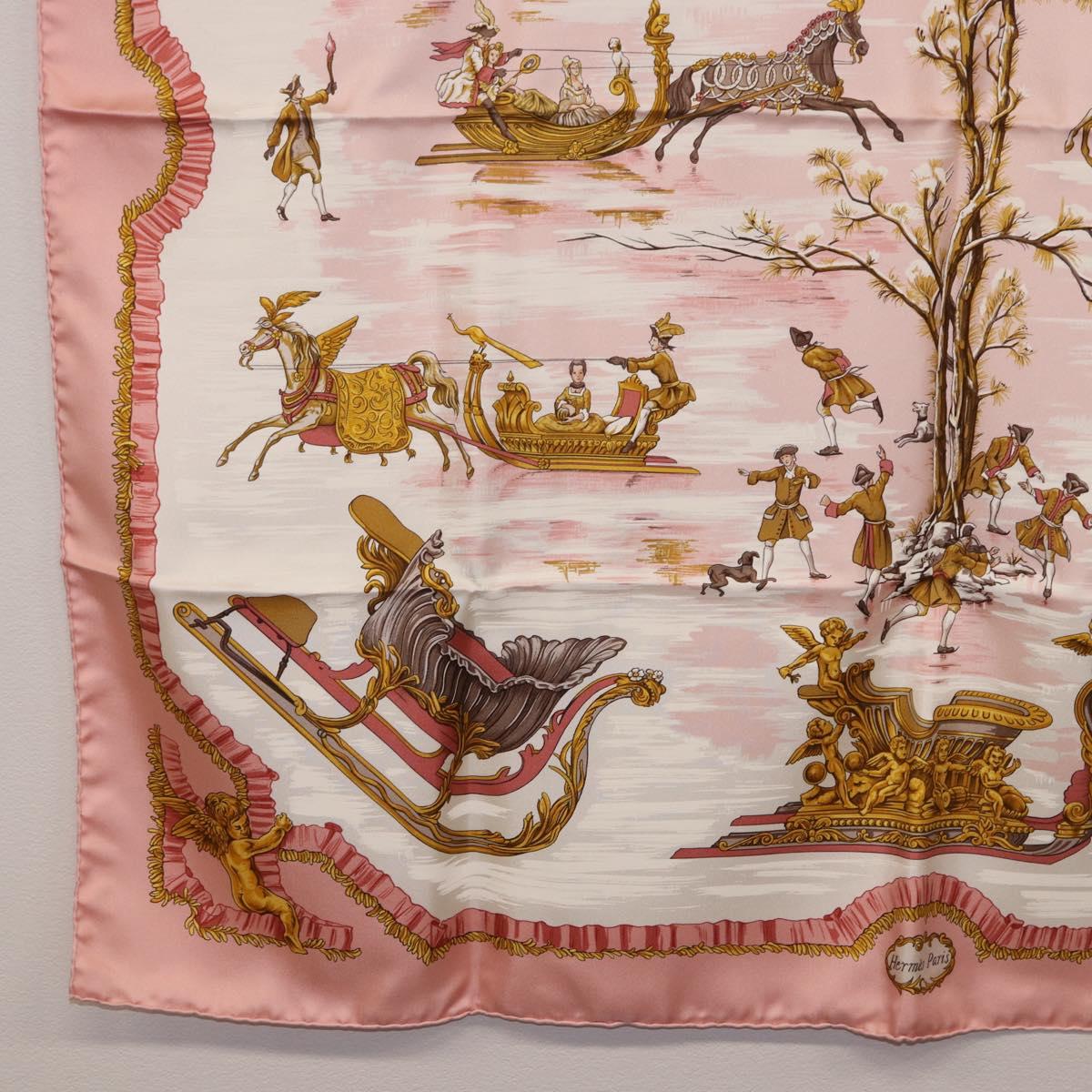 HERMES Carre 90 Scarf Silk ""Traineaux et Glissades"" Pink White Auth 200402M