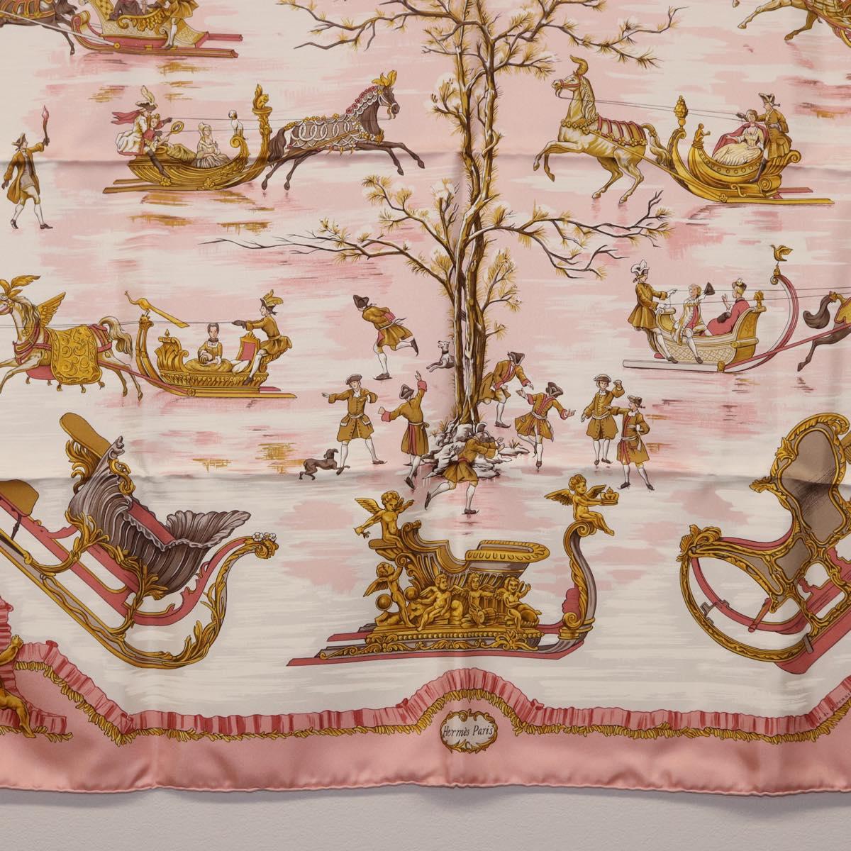 HERMES Carre 90 Scarf Silk ""Traineaux et Glissades"" Pink White Auth 200402M