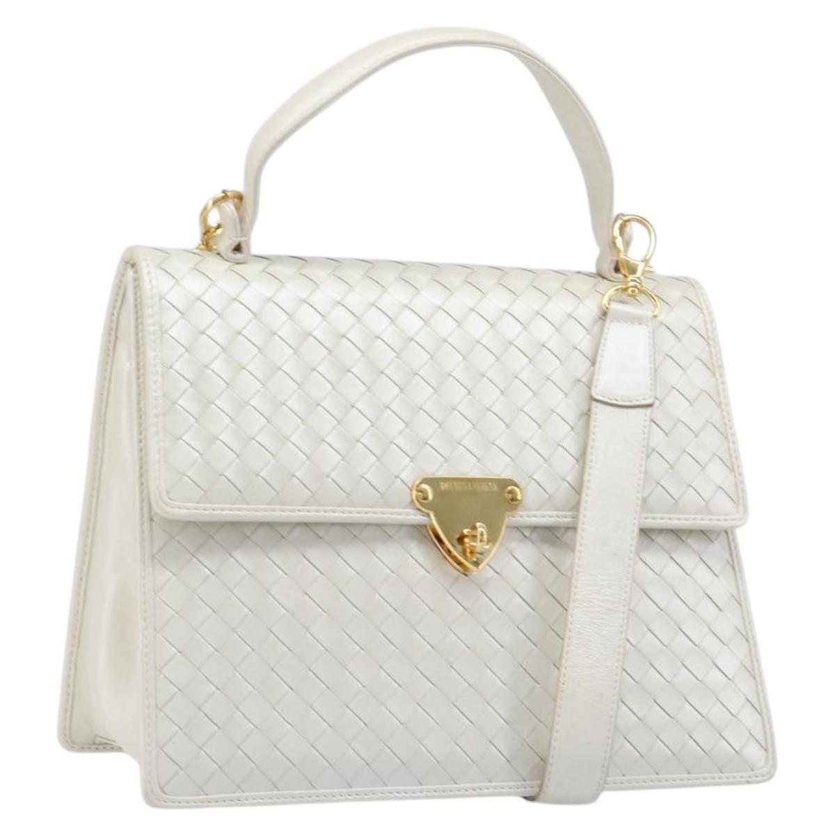 BOTTEGA VENETA INTRECCIATO Hand Bag Leather 2way White Gold Auth 200425V