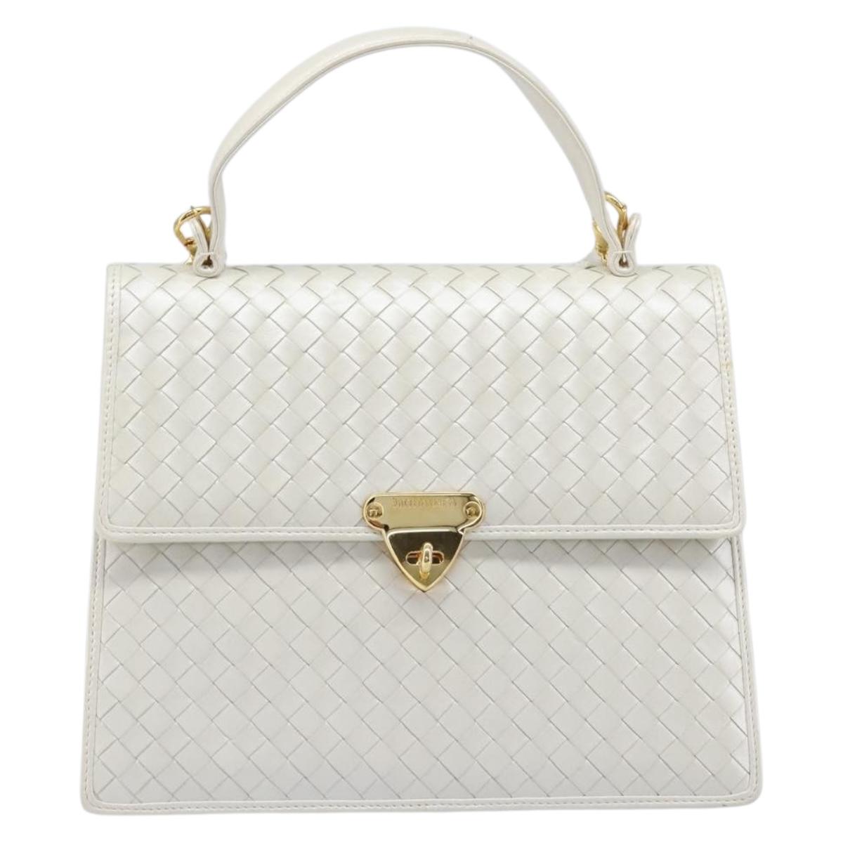 BOTTEGA VENETA INTRECCIATO Hand Bag Leather 2way White Gold Auth 200425V