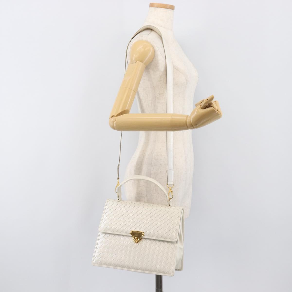 BOTTEGA VENETA INTRECCIATO Hand Bag Leather 2way White Gold Auth 200425V