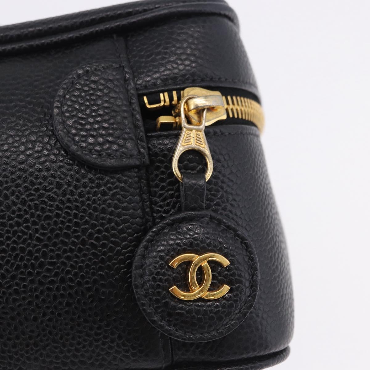 CHANEL COCO Mark Vanity Hand Bag Caviar Skin Black Gold CC Auth 200427
