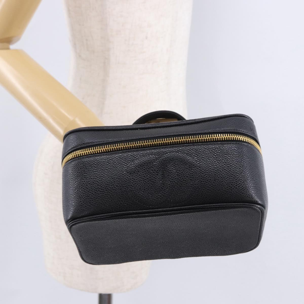 CHANEL COCO Mark Vanity Hand Bag Caviar Skin Black Gold CC Auth 200427