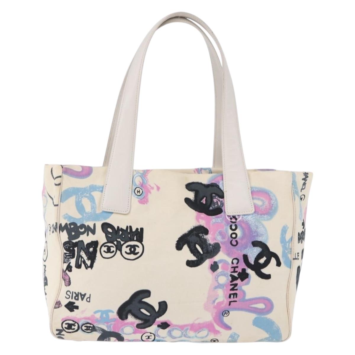 CHANEL New Travel Line Tote Bag Canvas Hawaii Limited White Silver Auth 200431A
