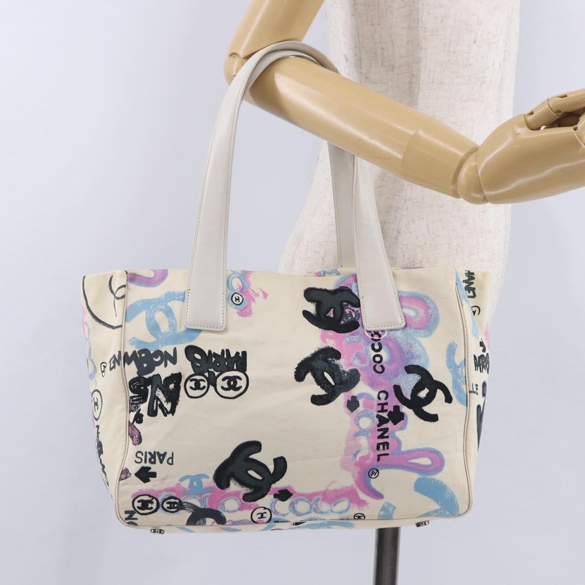 CHANEL New Travel Line Tote Bag Canvas Hawaii Limited White Silver Auth 200431A