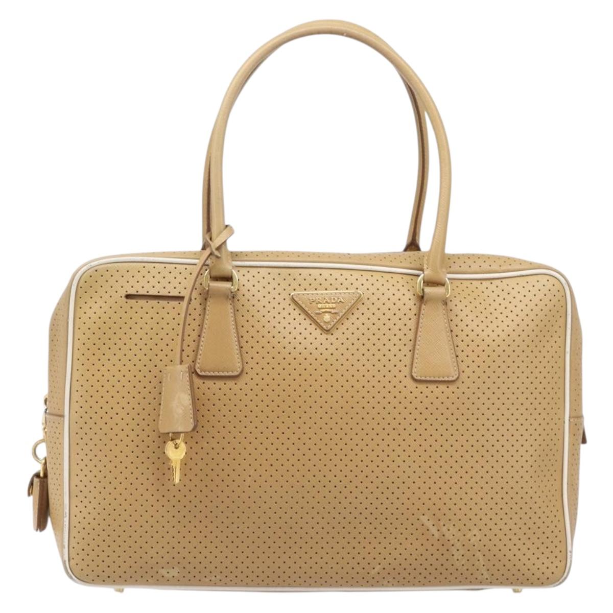 PRADA Punching Hand Bag Saffiano leather Beige Gold Auth 200432