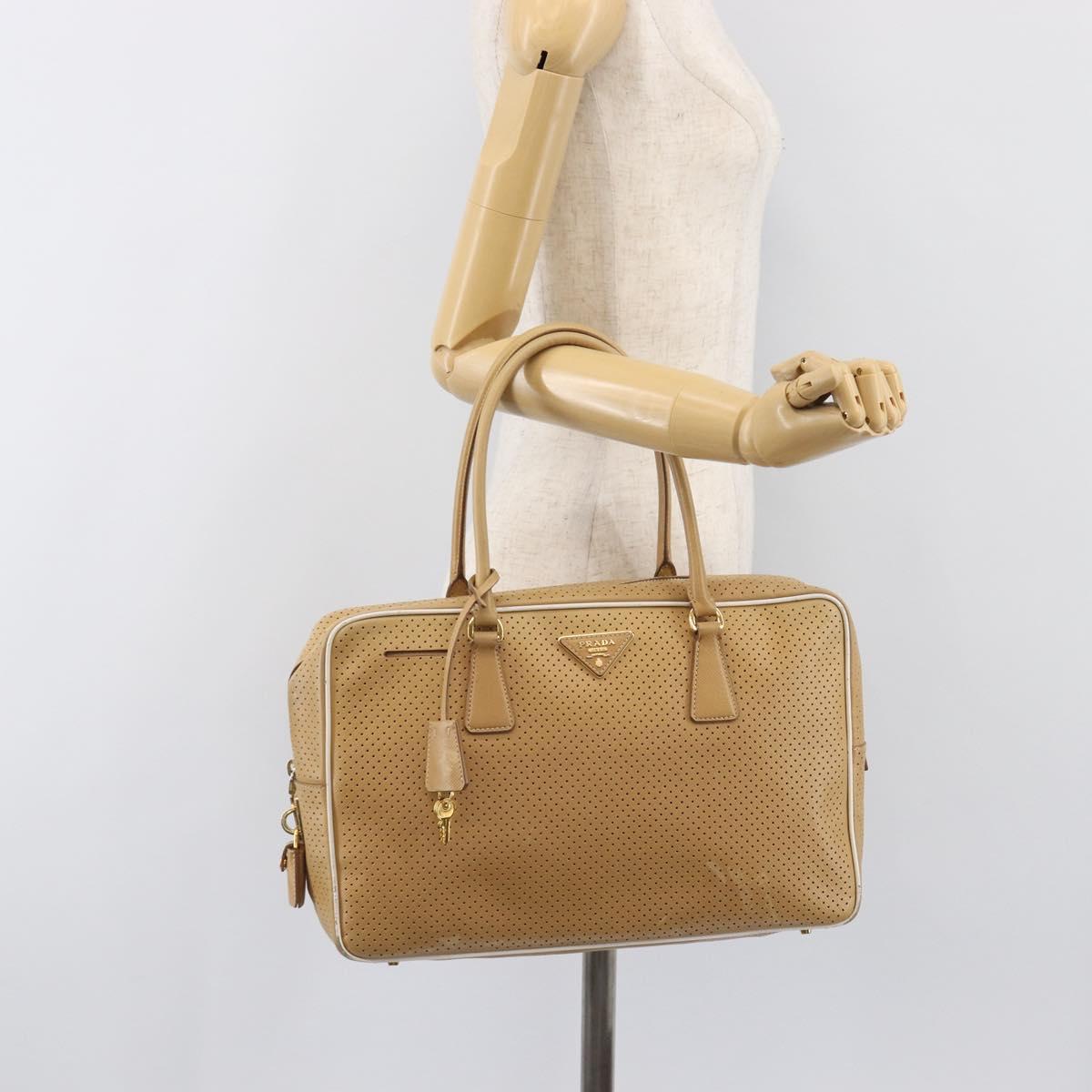 PRADA Punching Hand Bag Saffiano leather Beige Gold Auth 200432