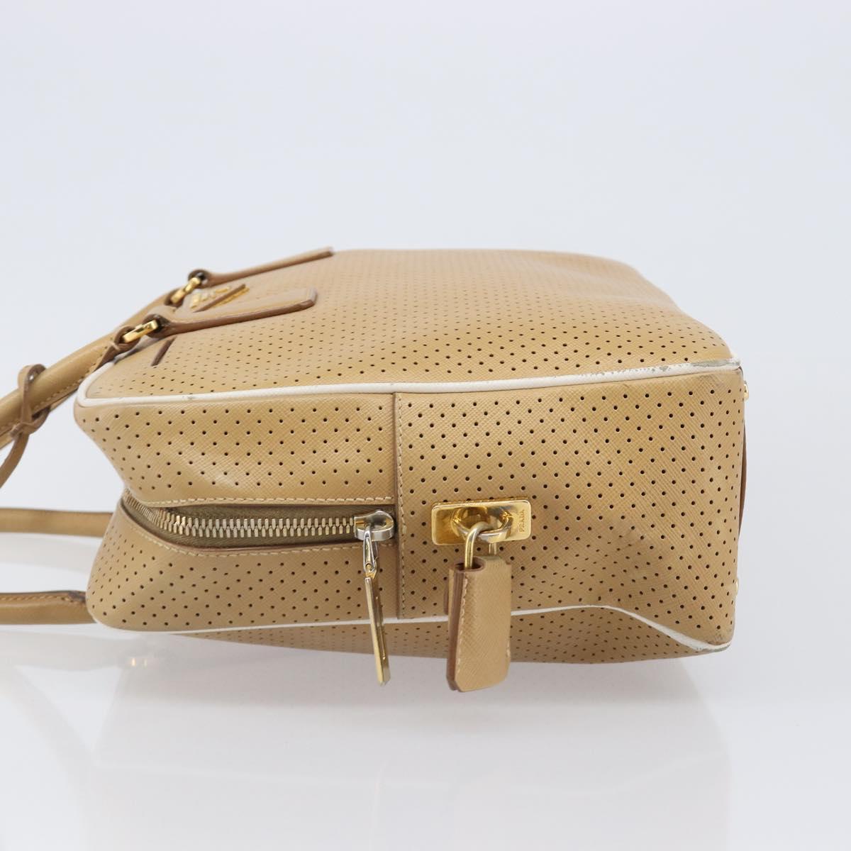PRADA Punching Hand Bag Saffiano leather Beige Gold Auth 200432