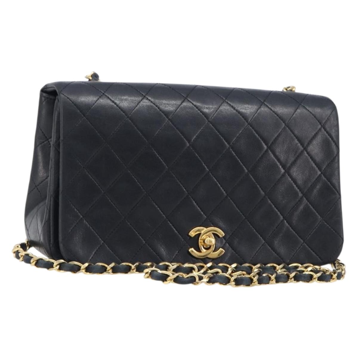 CHANEL Chain Matelasse Shoulder Bag Lamb Skin Black Gold CC Auth 200435V