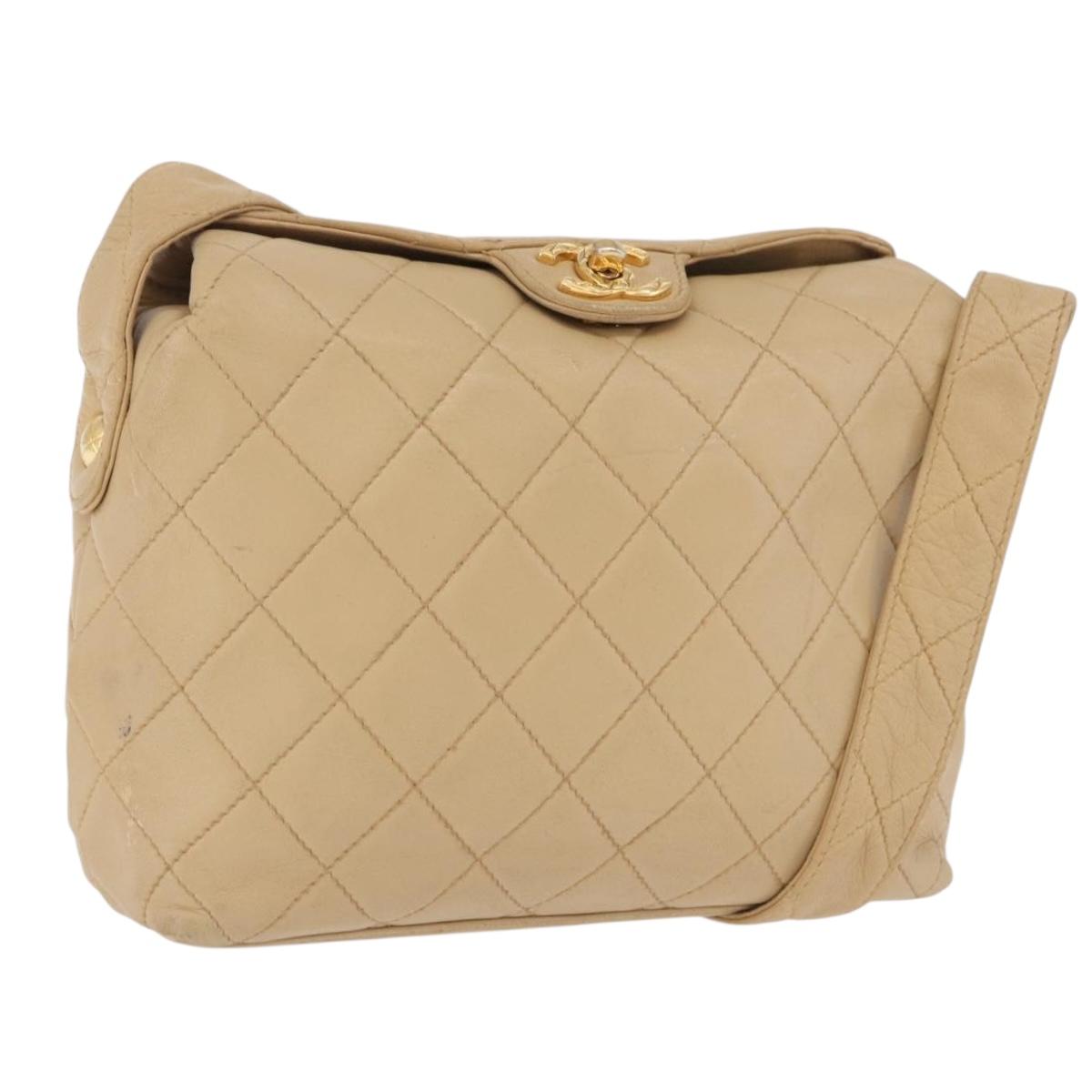 CHANEL Matelasse Shoulder Bag Lamb Skin Beige Gold CC Auth 200437A