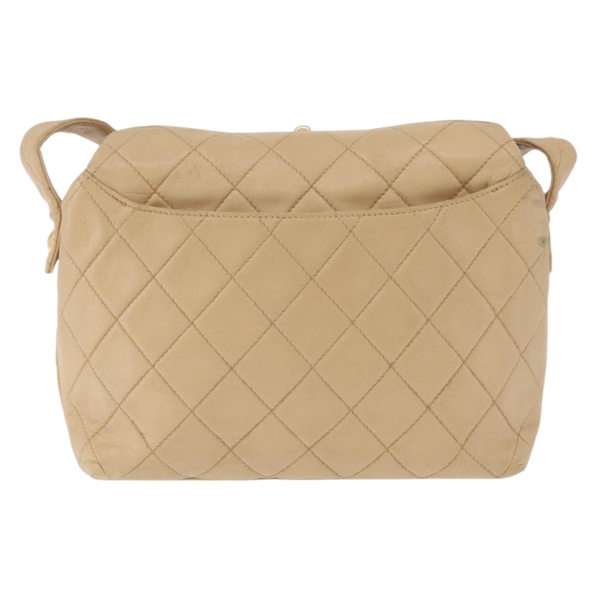 CHANEL Matelasse Shoulder Bag Lamb Skin Beige Gold CC Auth 200437A